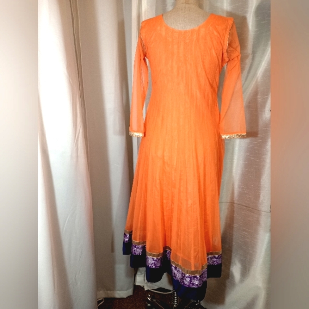 Halloween  Beaded Indian Maxi Dress, Orange, Purple floral, gold satin trim, L - Picture 7 of 12